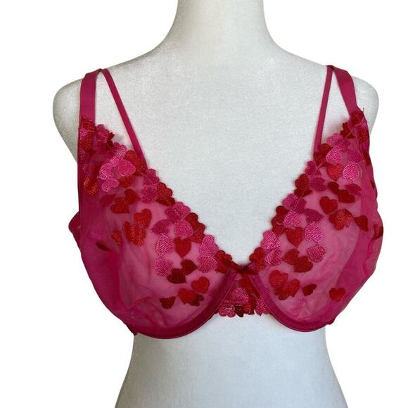 Love Vera 42C Embroidered Heart Strappy Underwire Mesh Bra Balconette Pink Red - Picture 4 of 16
